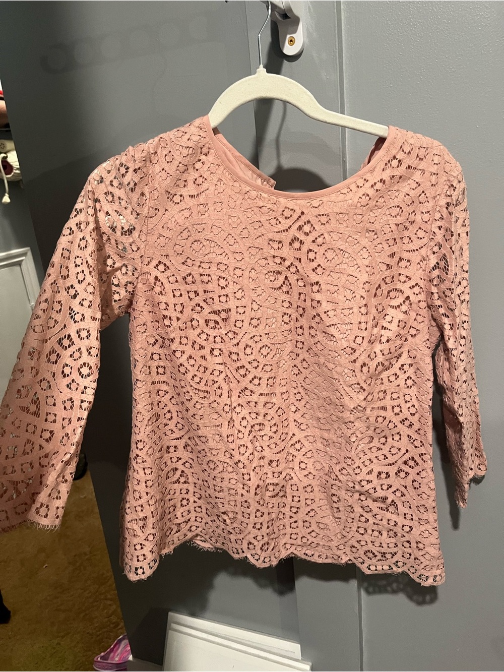 J. Crew Dusty Pink Crochet Lace 3/4 Sleeve Top